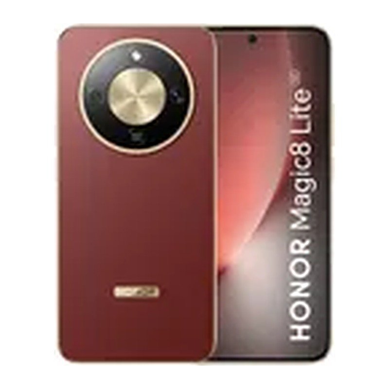 Celular Honor Magic8 Lite en color rojo, vista trasera y frontal