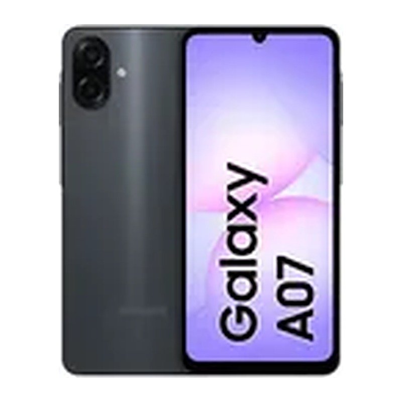 Celular Samsung Galaxy A07 en color negro, vista trasera y frontal