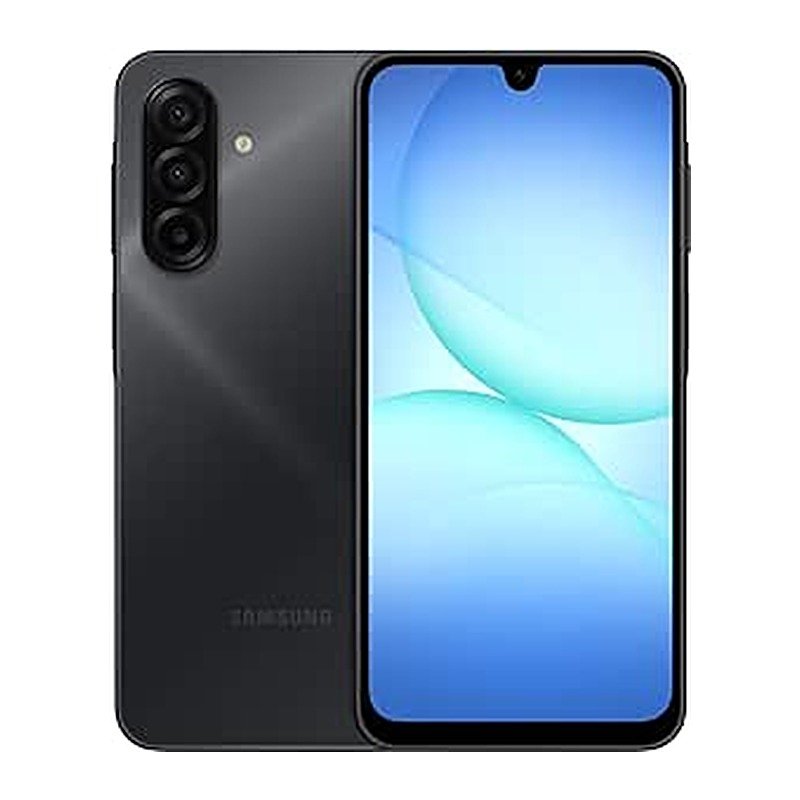 Celular Samsung Galaxy A17 en color negro, vista trasera y frontal